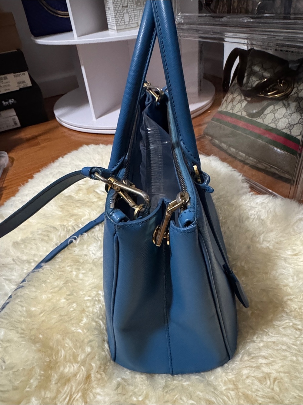 Prada Blue Saffiano Double-Handle Satchel with Crossbody Strap - Picture 3 of 14